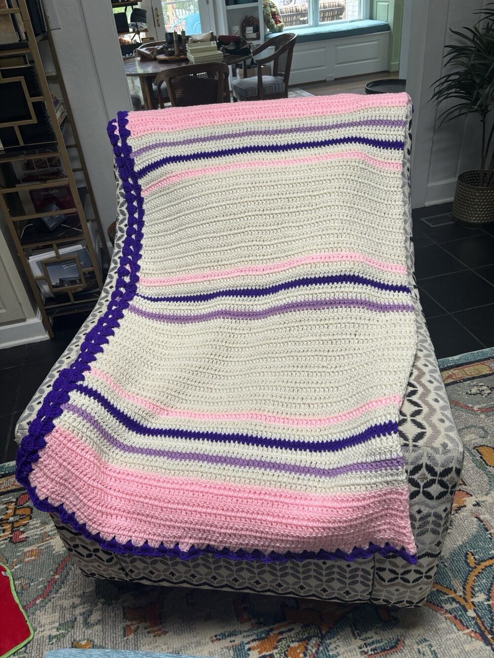 NEW Crocheted Striped Throw Blanket, White Pink Purple, Rectangular 62” by 84”